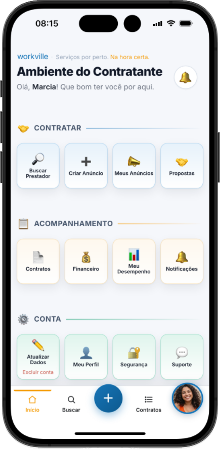 Tela do Ambiente do Contratante no aplicativo Workville para iPhone