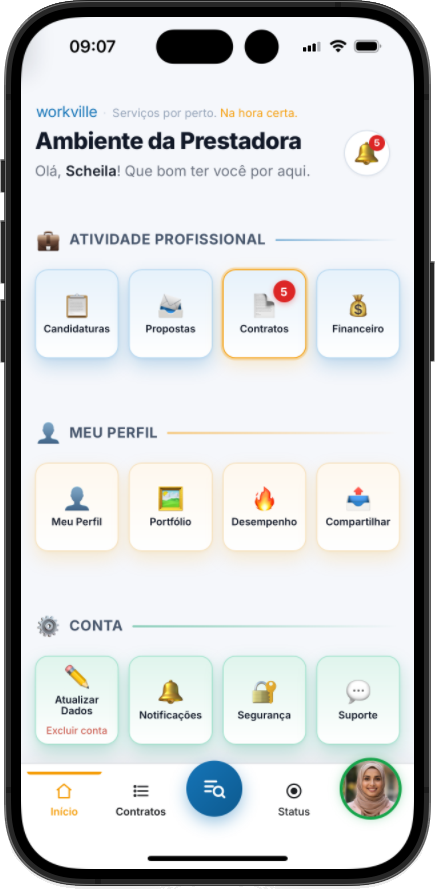 Tela do Ambiente da Prestadora no aplicativo Workville para iPhone